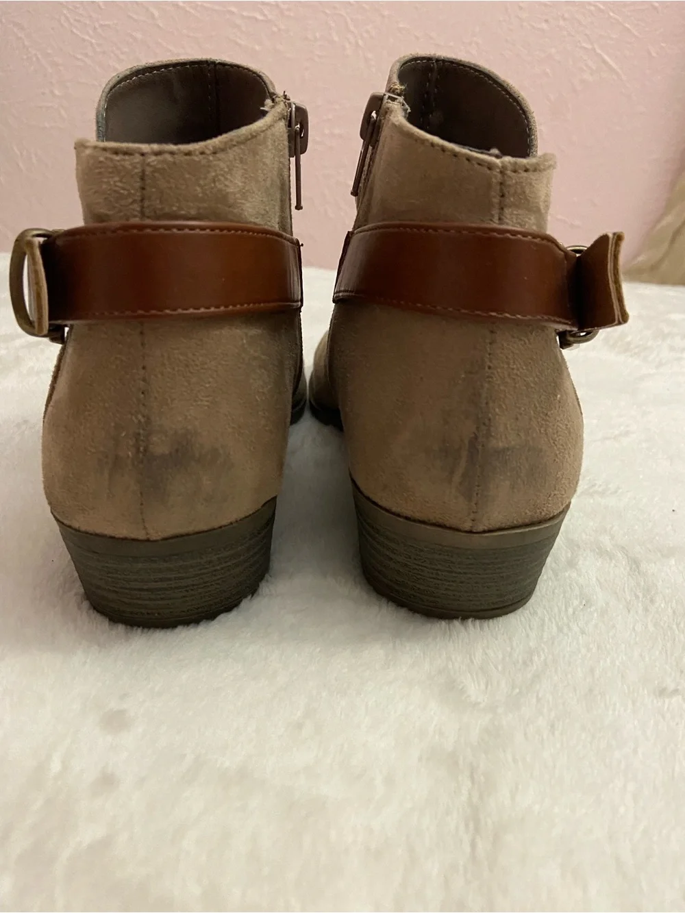 No parking Ailey Suede Ankle Booties with Side Buckle - Taupe